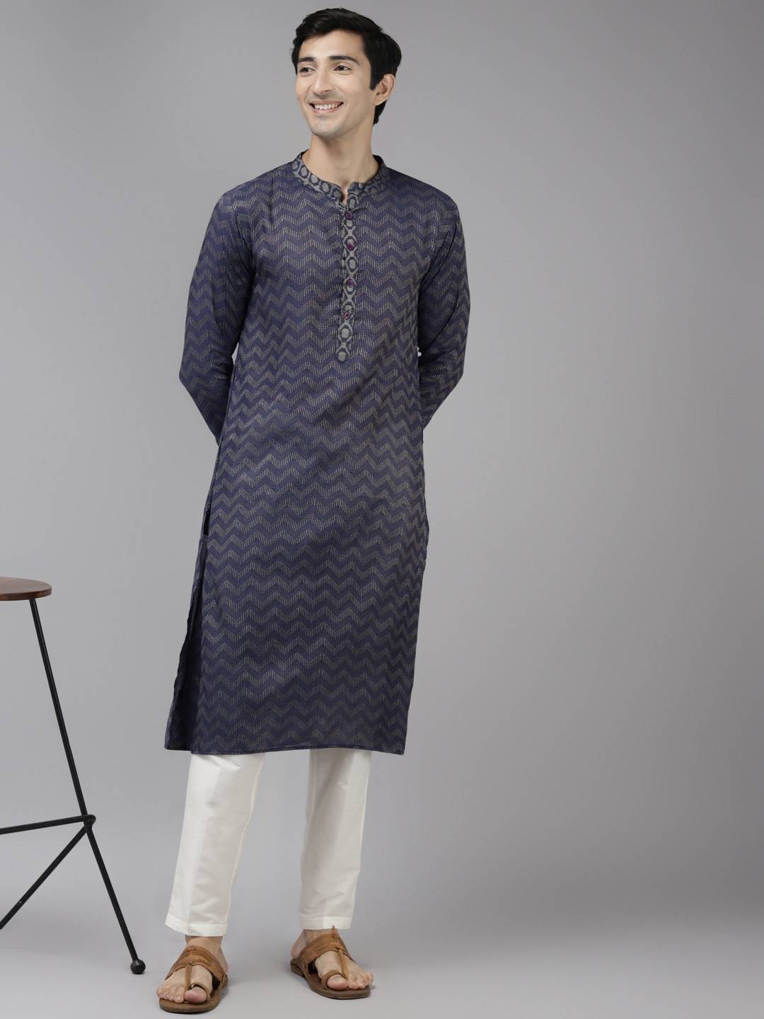 Men Blue & Beige Wave Woven Design Thread Work Kurta