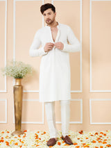 Men  White Embroidered Sequin Rayon Kurta