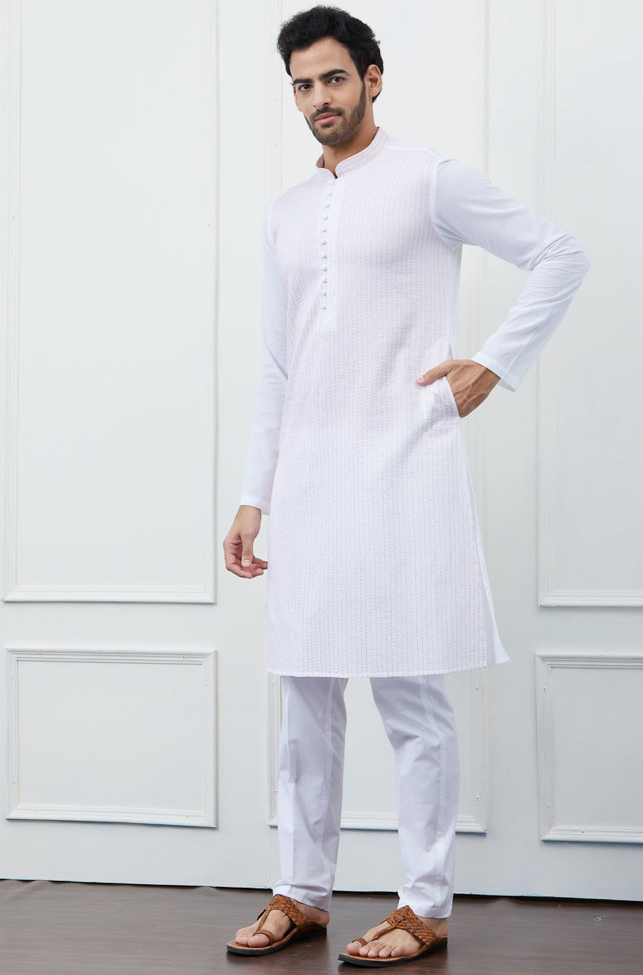 Men White Cotton Kurta With Pink Thread Work