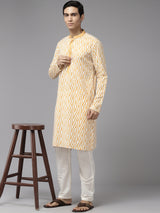 Men White & Mustard Pure Cotton Embroidered Straight Kurta