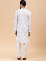 Men Off White & Multi Color Pure Cotton Embroidered Straight Kurta With pyjama