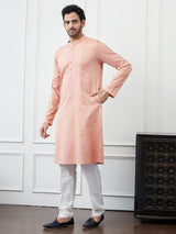 Riwaat.com Men Peach & Gold Thread Work Cotton Kurta Riwaat Thread Work