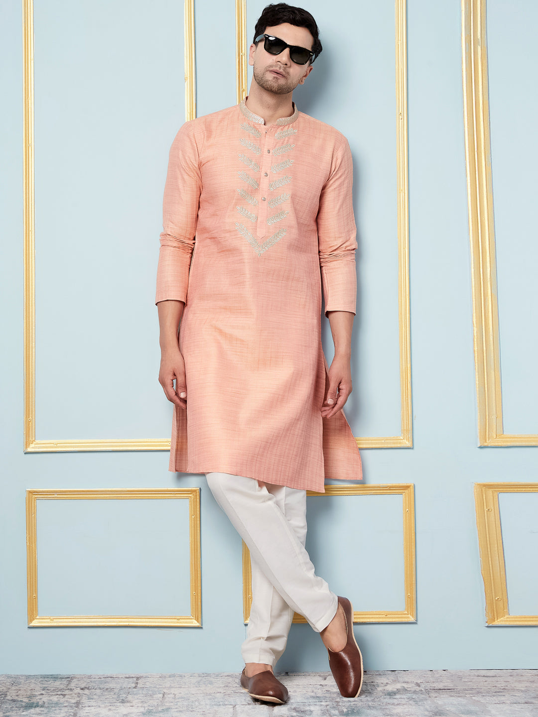 Riwaat.com Men Peach Embroidery Cotton Kurta Riwaat Embroidered