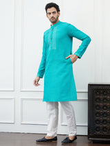 Riwaat.com Men Turquoise Sequence Mirror Work Cotton Kurta Riwaat Embroidered