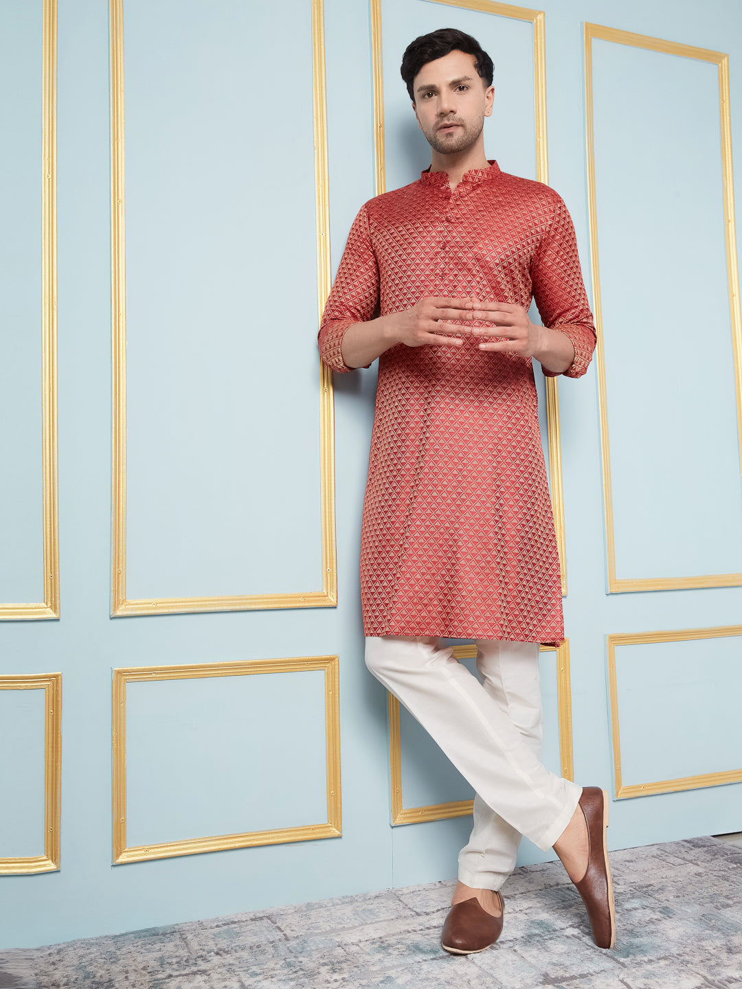 Riwaat.com Men Red & Gold Woven Design Thread Work Kurta Riwaat Woven Design