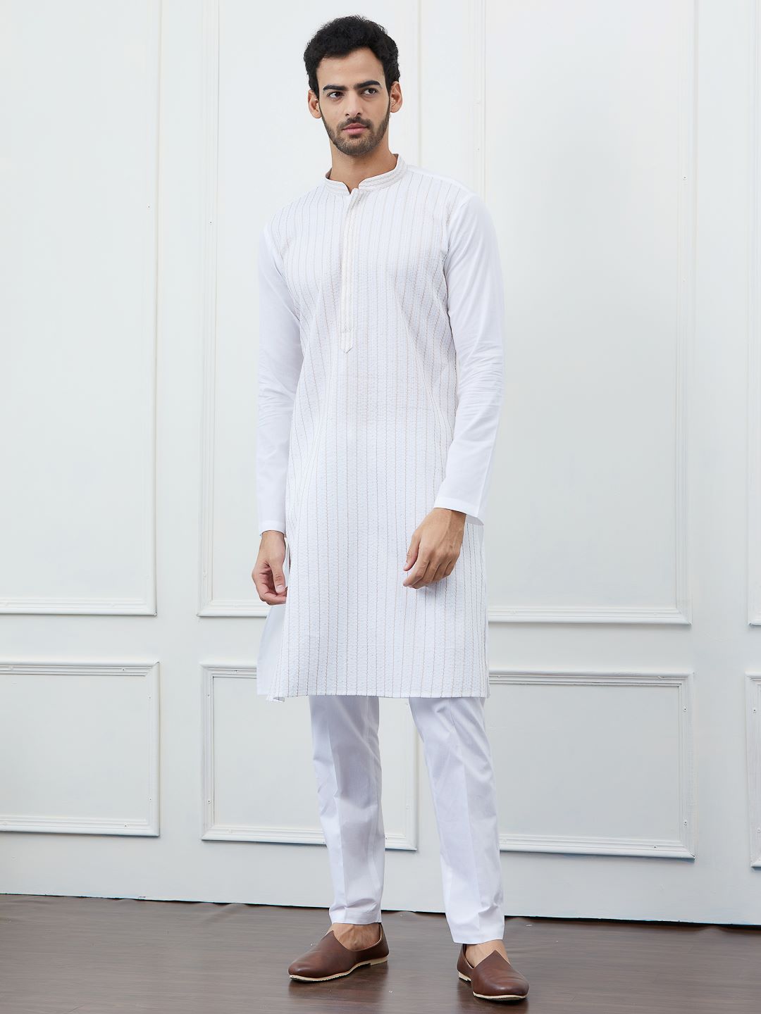 Classic White Cotton Gold Thread Work & Sequence Kurta