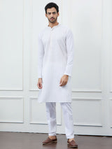 Classic White Cotton Gold Thread Work & Sequence Kurta