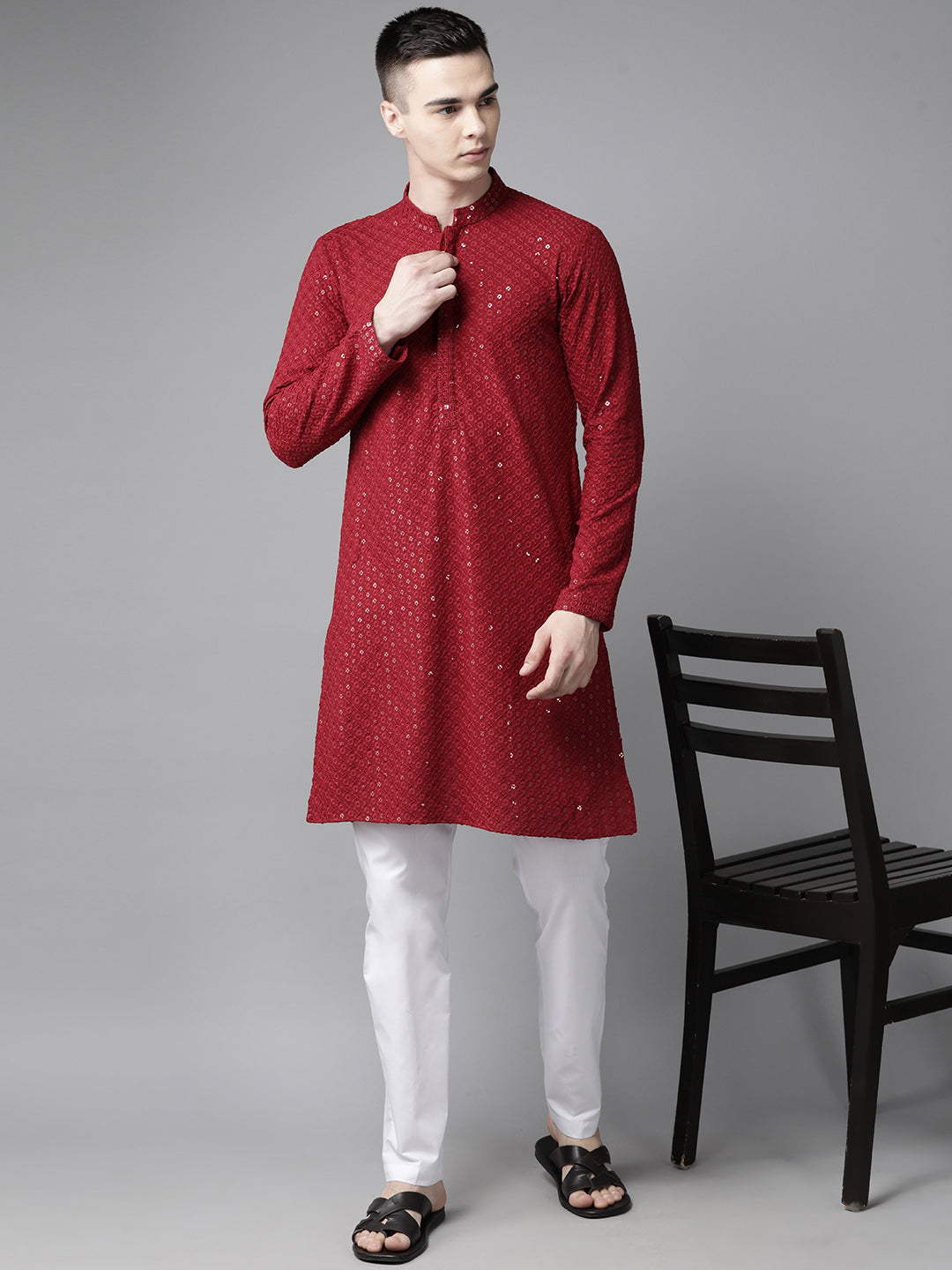 Men Maroon Floral Embroidered Sequined Rayon Kurta