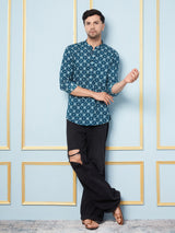 Men Teal Printed Cotton Short Kurta