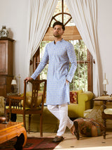 Men Sky Blue And White Cotton Leaf Print Straight Kurta