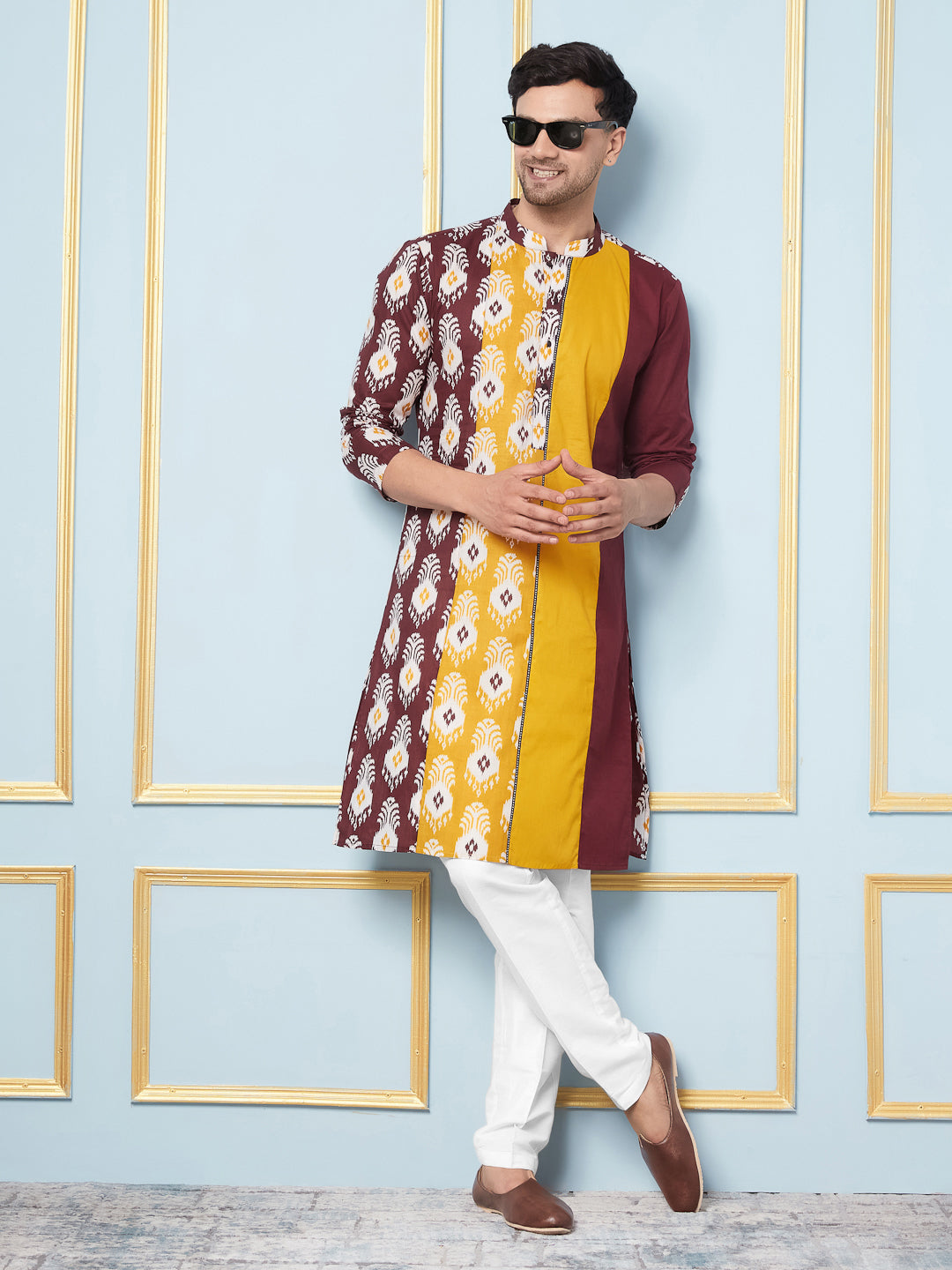 Men Maroon,Mustard And White Printed Kurta