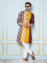 Men Maroon,Mustard And White Printed Kurta
