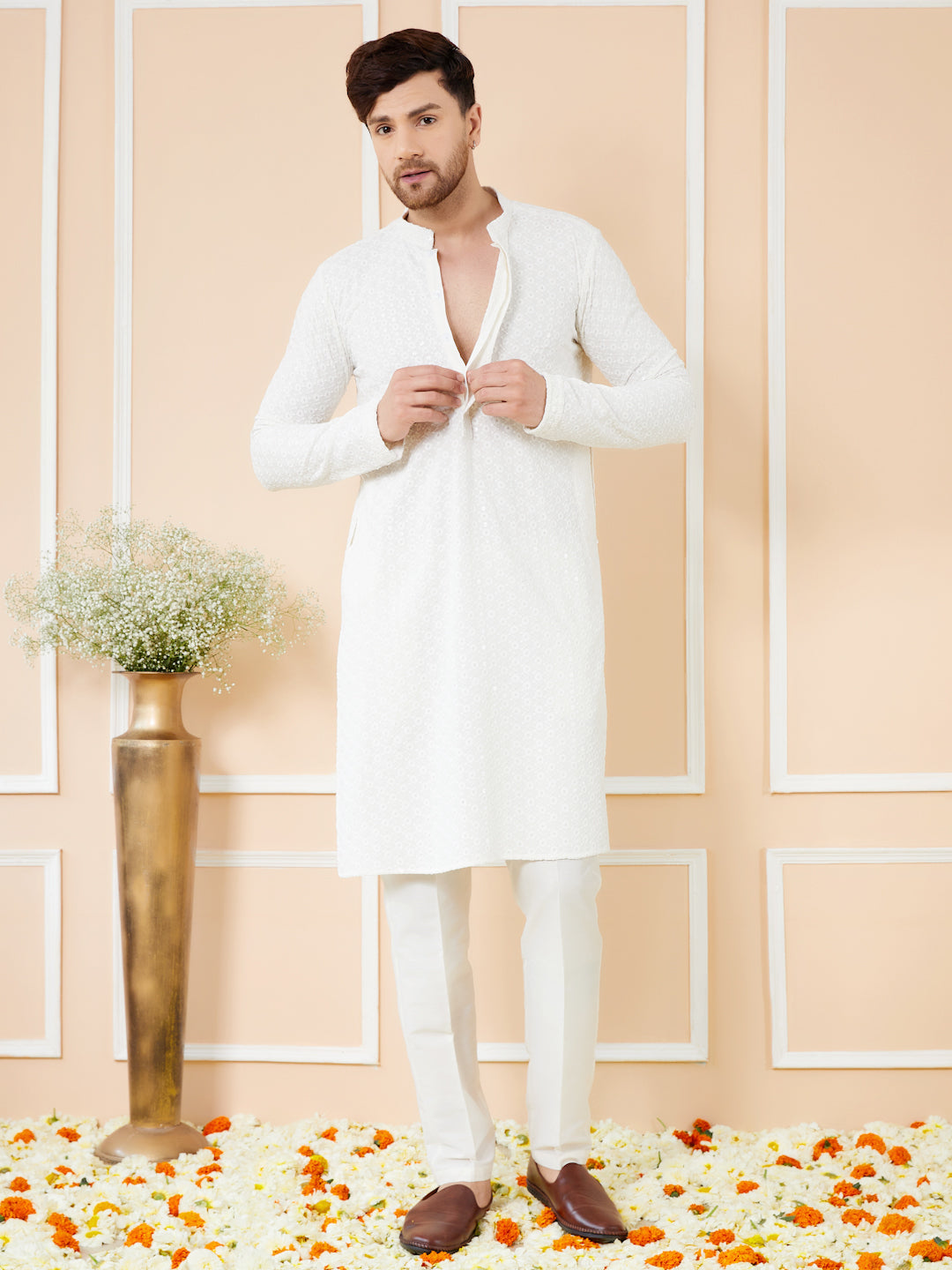 Men White Embroidered Sequined Rayon Kurta