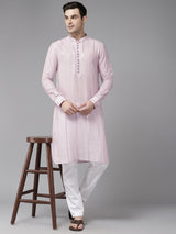 Men Pink Zari Work Silk Woven Design Straight Kurta With Pajama