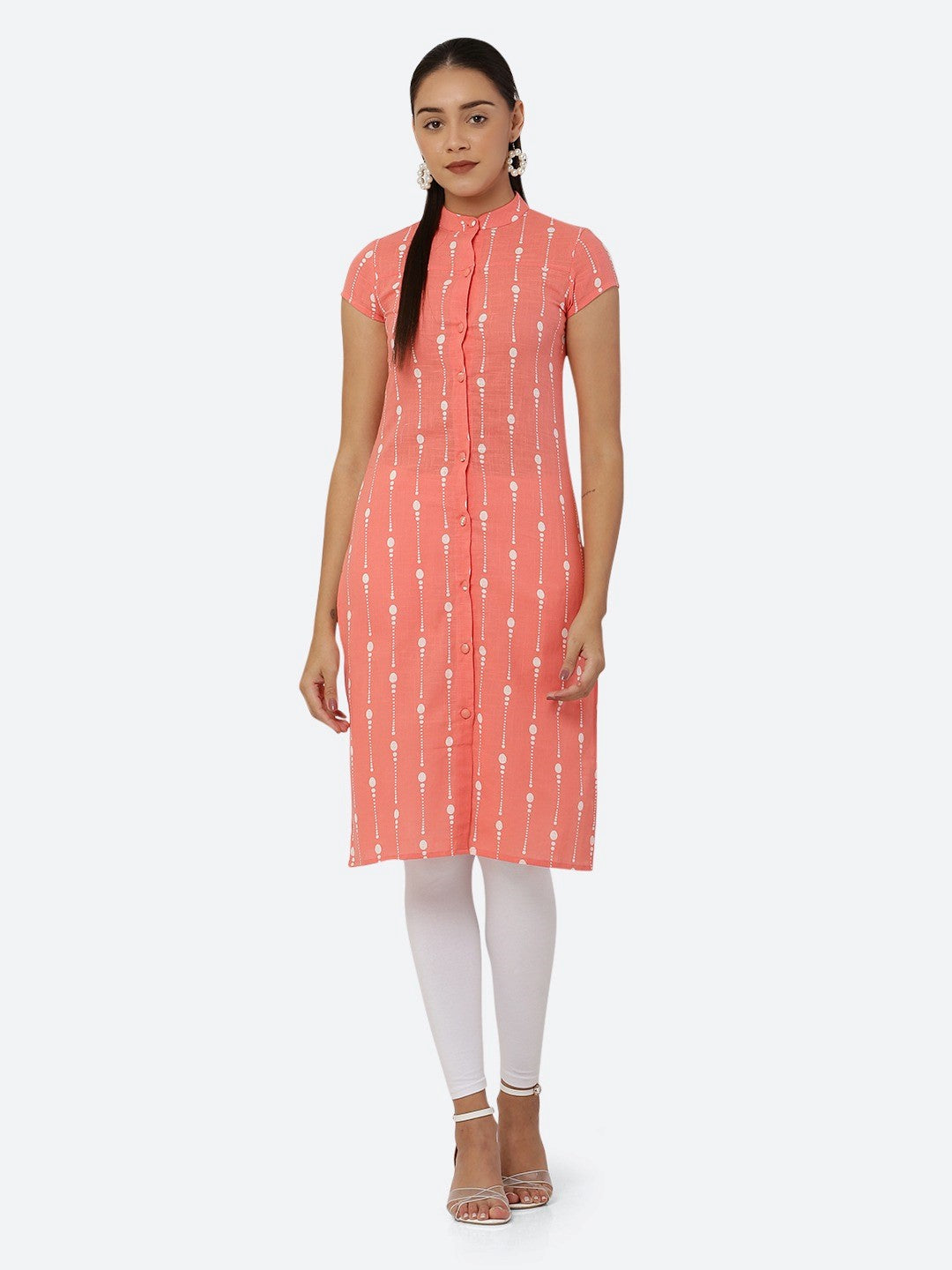 Women Peach & White Khari Print Straight Kurti