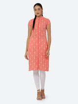 Women Peach & White Khari Print Straight Kurti