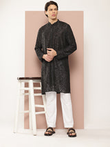 Men Black Embroidered Thread Work Chanderi Silk Straight Kurta