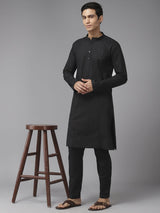 Men Black Pure Cotton Embroidered Straight Kurta With Pajama