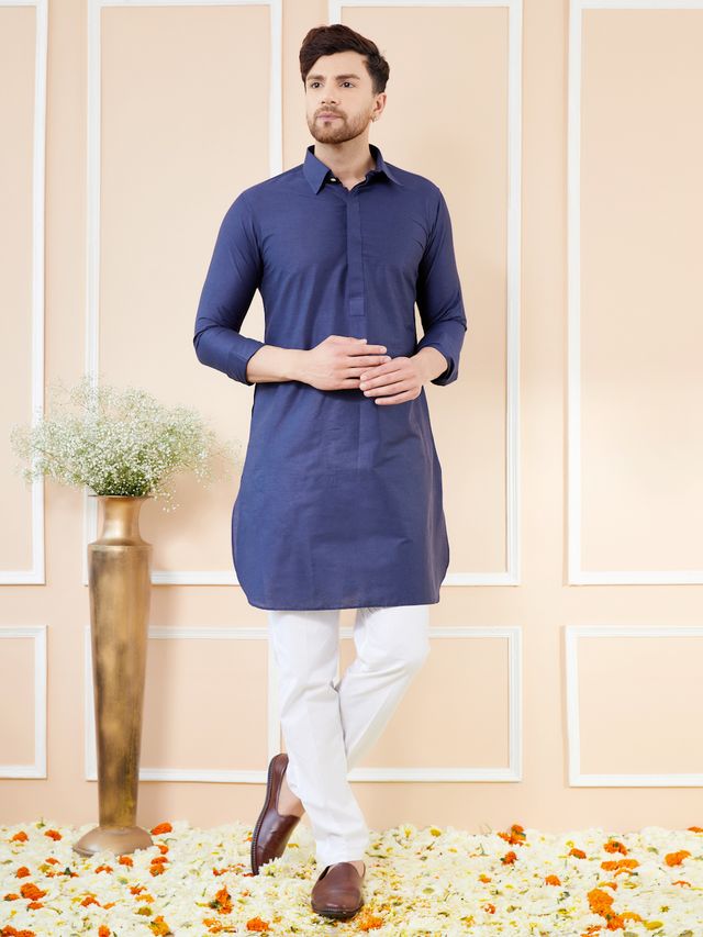 Men Navy Blue Cotton Solid Pathani Kurta