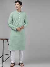 Men White & Green Printed Pure Cotton Straight Kurta With Pajama