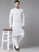 Men White with Light Blue Pattern Pure Cotton Embroidered Straight Kurta With Pajama