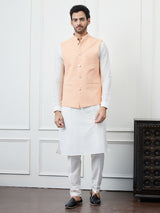 Men Peach Color Woven Design Embroidery With Sequence Cotton Nehru Jacket