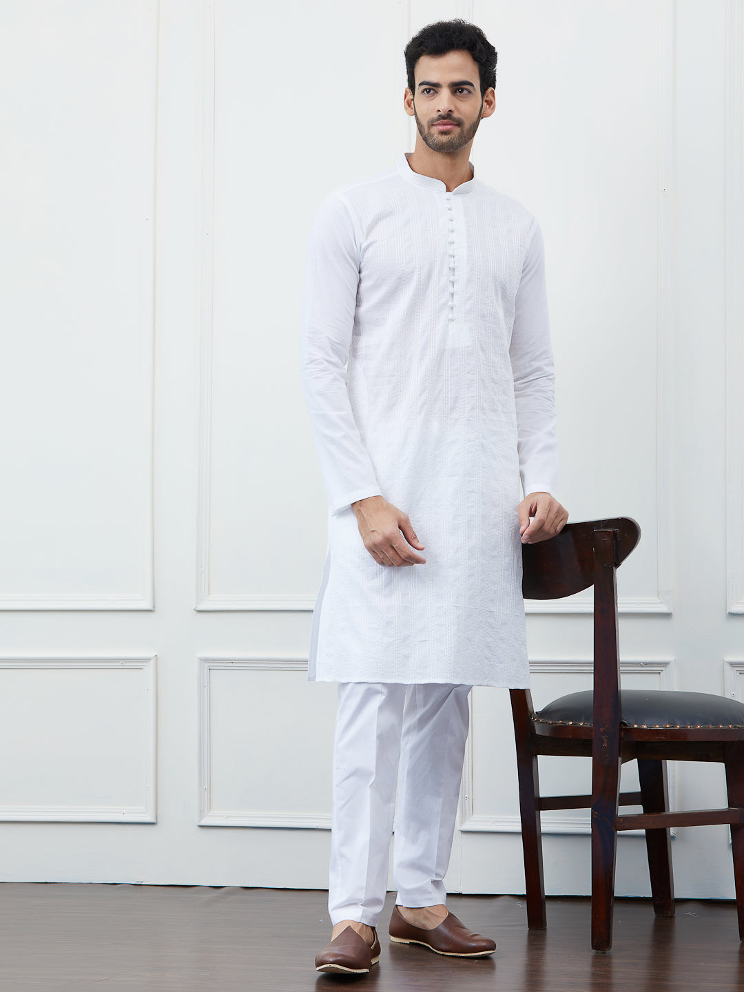 Men White Cotton Thread Work & Sequence Kurta