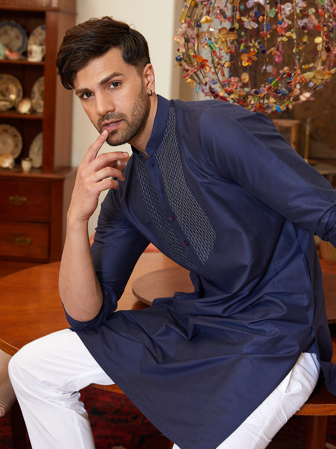 Men Navy Blue Cotton Silk Pintex Yoke Design Kurta