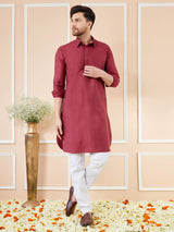 Men Maroon Cotton Solid Pathani Kurta
