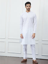 Men White Cotton Thread Work Kurta