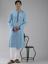 Men Blue & White Azure Printed Straight Kurta With Pajama