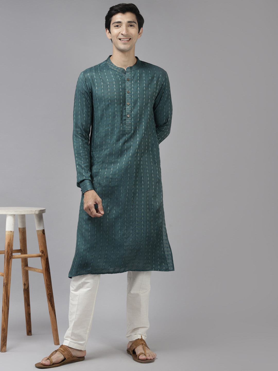 Men Teal & Beige Woven Design Thread Work Kurta