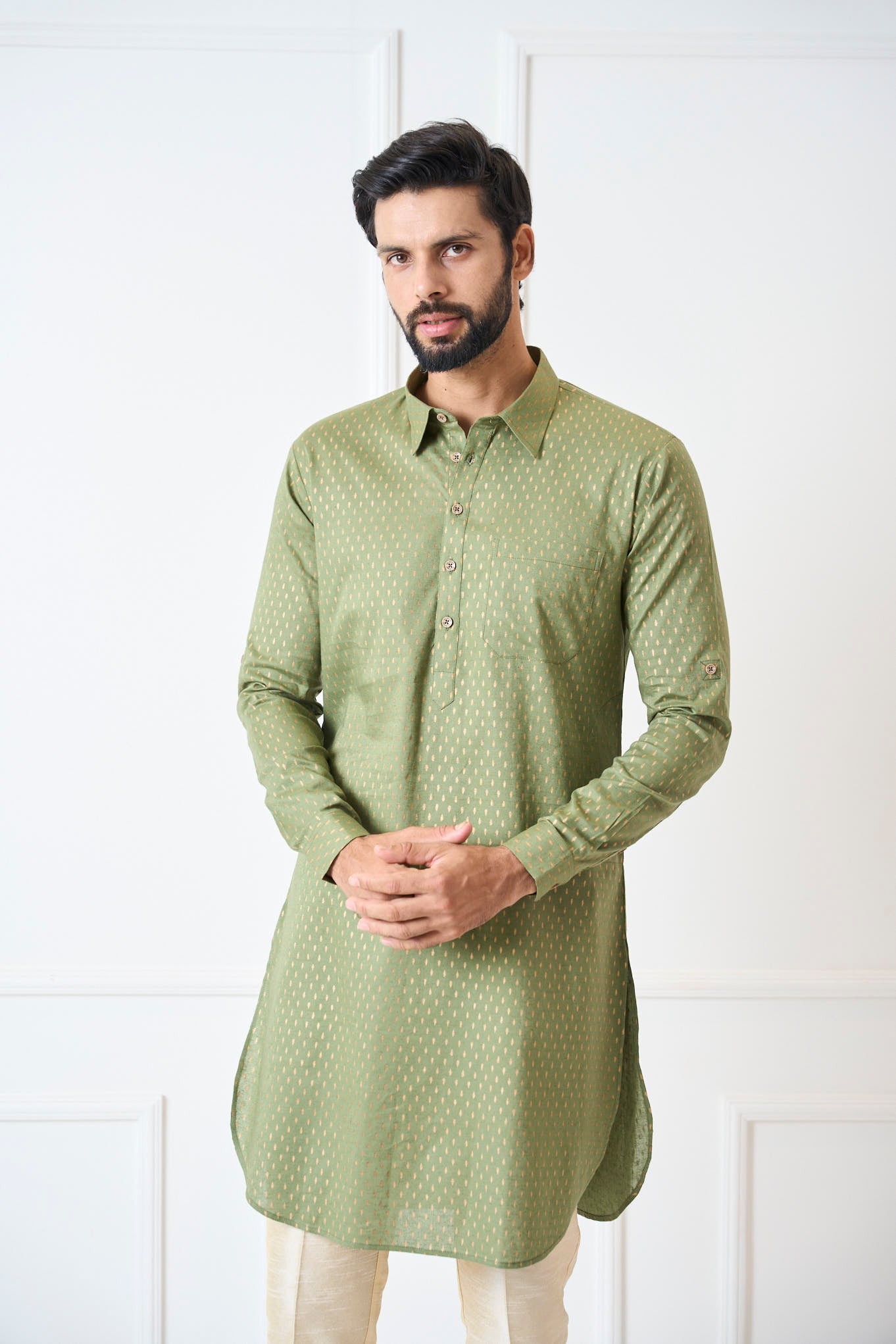 Men Fresh Olive Regular Pure Cotton Pathani Kurta