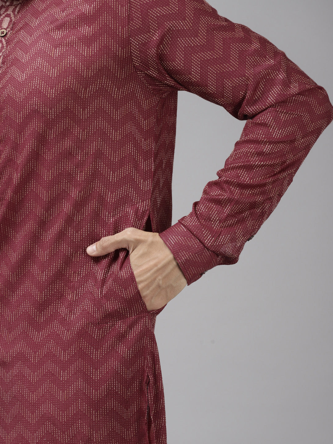 Men Burgundy & Beige Wave Woven Design Thread Work Kurta