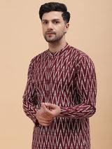 Men Maroon & White Pure Cotton Printed Straight Kurta With pyjama