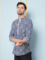Men Blue & White Indigo Printed Cotton Short Kurta