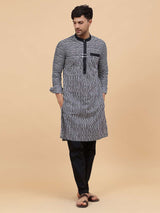 Men Black & White Pure Cotton Thread Work Straight Kurta