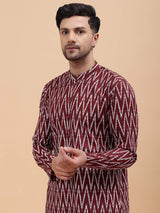 Men Maroon & White Pure Cotton Printed Straight Kurta With Pajama