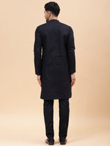 Men Black Pure Cotton Embroidered Straight Kurta