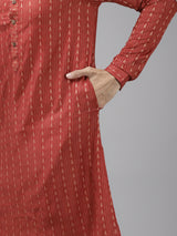 Men Maroon & Beige Woven Design Thread Work Kurta