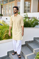 Men Yellow Regular Pure Cotton Pathani Kurta With White Salwar