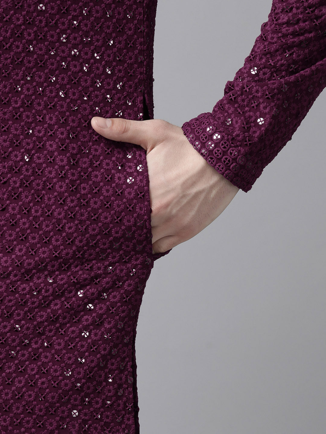 Men Megenta Embroidered Sequin Rayon Kurta