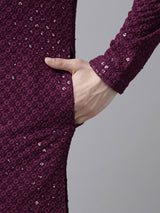 Men Megenta Embroidered Sequin Rayon Kurta