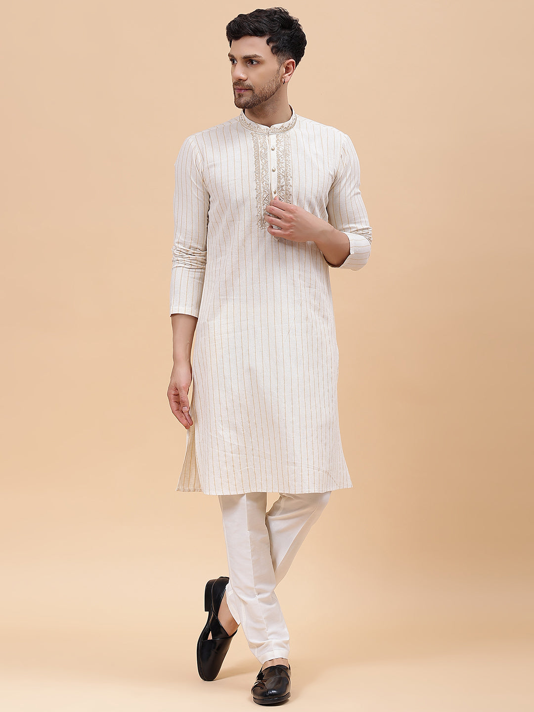 Men Beige & Gold Silk Woven Design Straight Kurta With pyjama