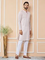 Light Pink Thread & Sequins Worked Pure Cotton Straight Kurta with Pyjama