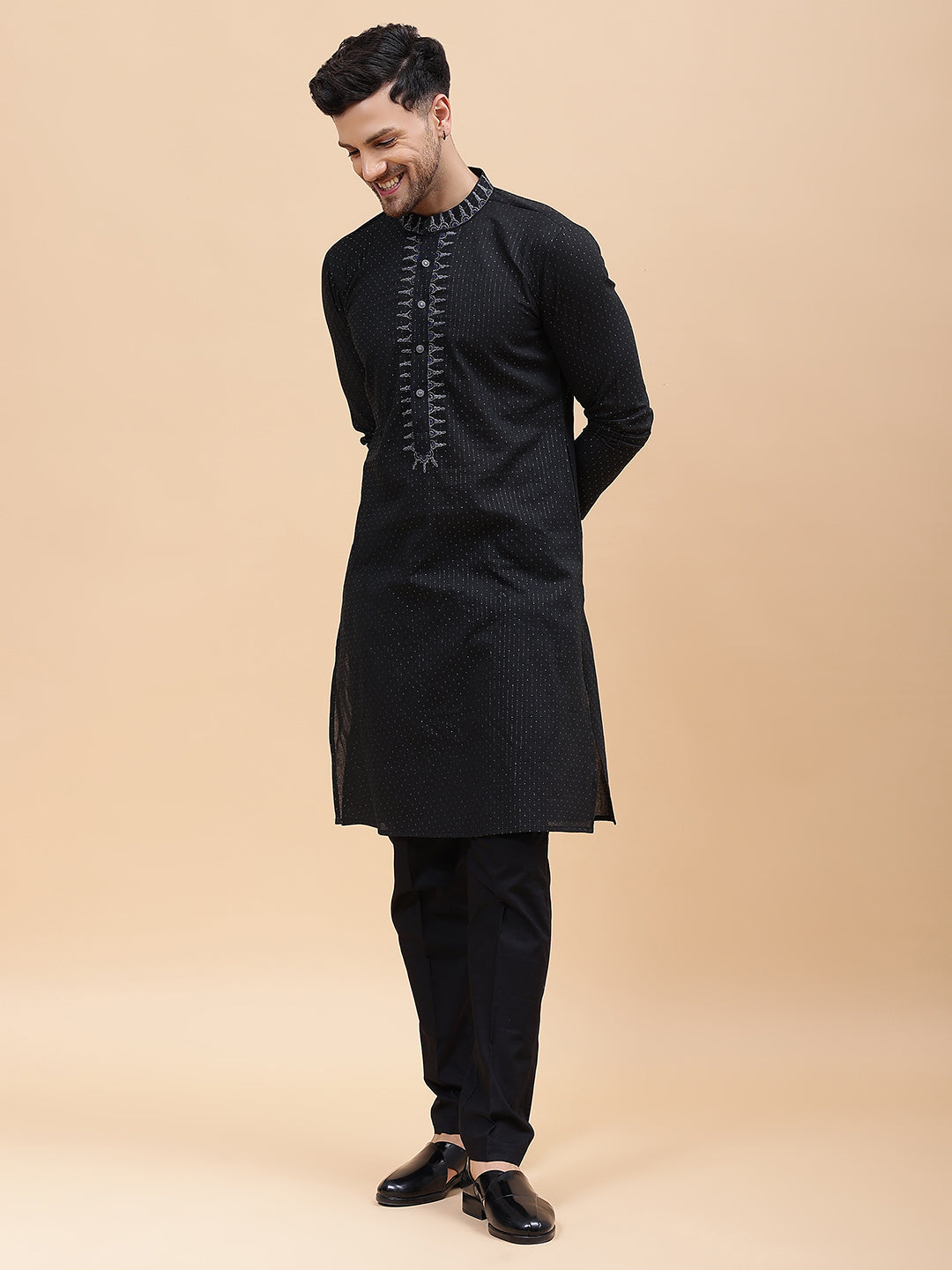 Men Black & Silver Silk Woven Design Straight Kurta With pyjama