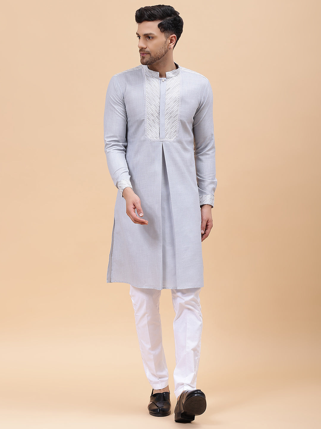 Men Grey Zari Work Silk Woven Design Straight Kurta With pyjama