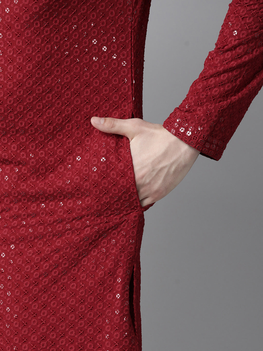 Men Maroon Floral Embroidered Sequin Rayon Kurta