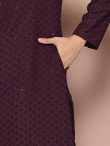 Men Purple  Embroidered Sequin Rayon Kurta