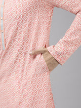 Men Peach-Coloured & White Printed Pure Cotton Straight Kurta With Pajama